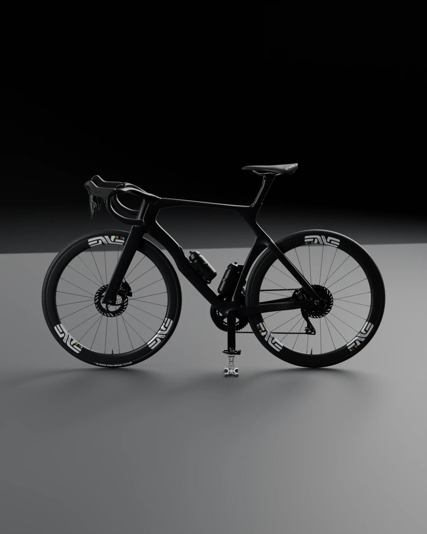 Vélo de route complet maintenu par Stand 0.01, vue de profil en studio